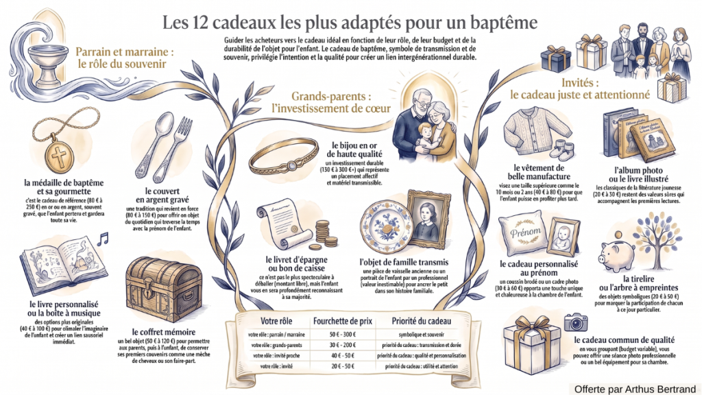 Infographie des 12 meilleurs cadeaux de baptême selon le rôle, offerte par Arthus Bertrand