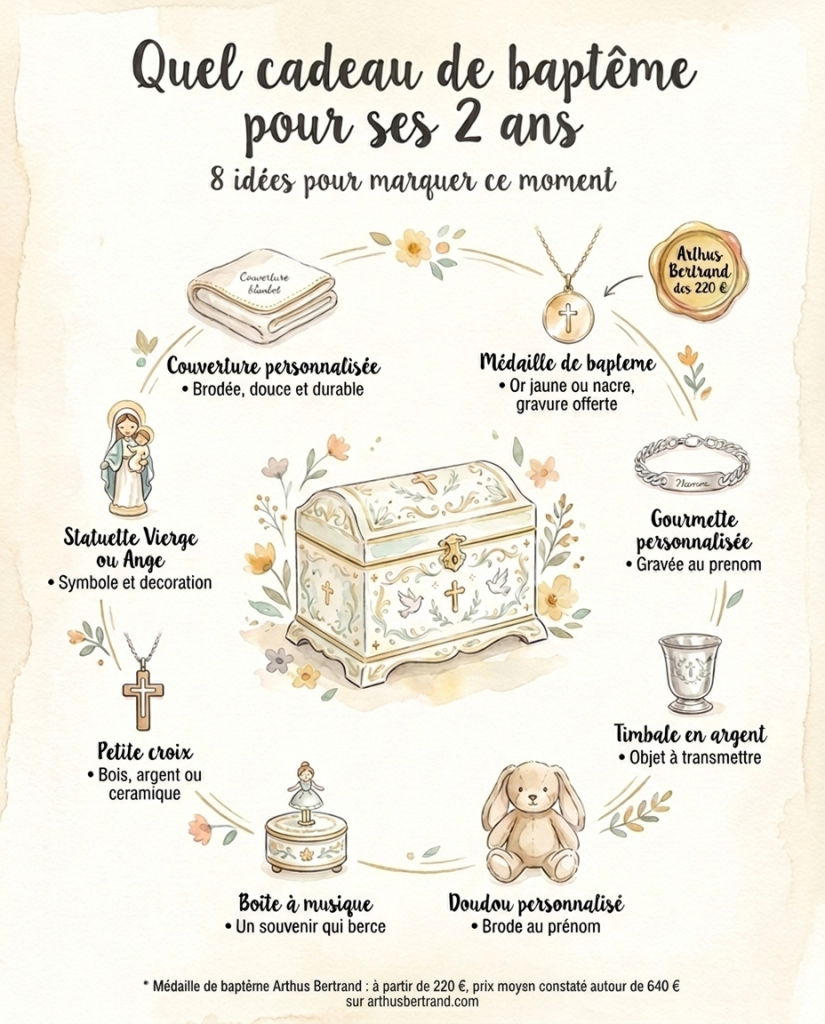 Idées cadeaux de baptême pour un enfant de 2 ans, dont la médaille Arthus Bertrand